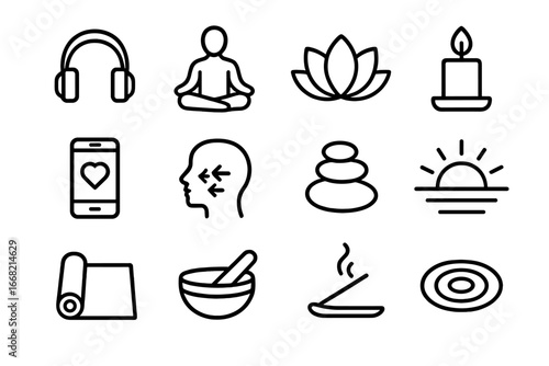 Guided Meditation Icons. Outline icon set of guided meditation sessions: headphones, meditating person, lotus