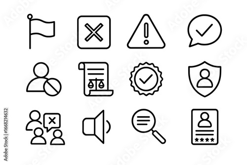 Community Moderation Icons. Outline icon set of community content moderation: report flag, block icon, warning