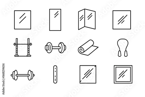 Gym Mirror Icons. Outline icon set of gym corner mirrors: wall mirror, floor-to-ceiling mirror, corner mount,