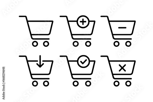 Shopping cart icons with plus, minus, add, checkmark, and cancel symbols for e-commerce and retail