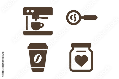 Espresso machine, portafilter, takeaway cup, and jar with heart symbol for coffee
