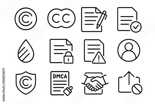Digital Copyright Icons. Outline icon set of digital rights and copyright: copyright symbol, creative commons