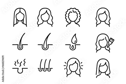 Hair Type Icons. Outline icon set of hair types: straight hair, wavy hair, curly hair, coily hair, fine hair,
