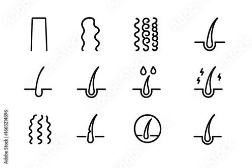 Hair Type Icons. Outline icon set of hair types: straight hair, wavy hair, curly hair, coily hair, fine hair,