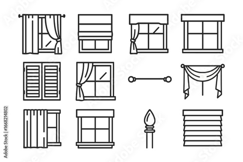 Window Styling Icons. Outline icon set of dining room window styling: sheer curtain, roman shade, tieback loop