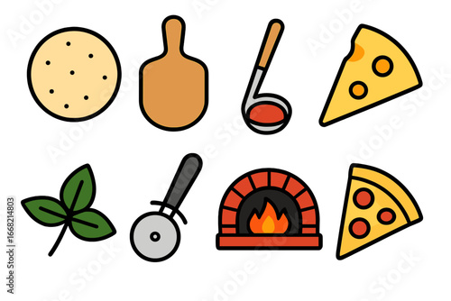 Flat design pizza making elements and kitchen tools