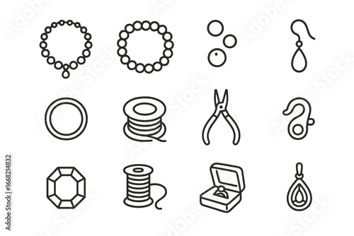 Handmade Jewelry Icons. Outline icon set of handmade jewelry: necklace, bracelet, beads, earring, ring, wire,