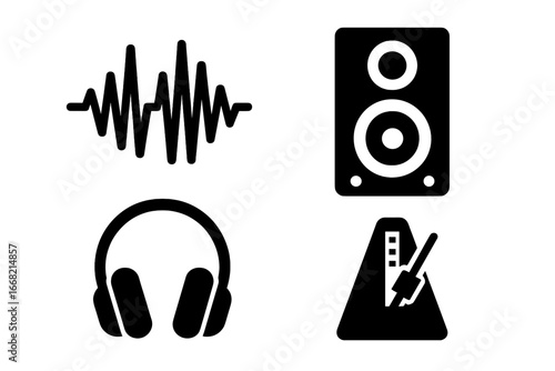 Audio and music icons: sound wave, speaker, headphones, metronome