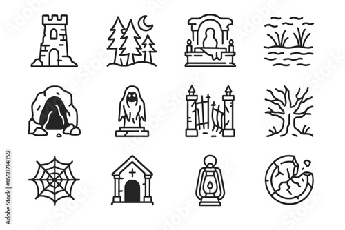 Haunted Location Icons. Outline icon set of haunted locations: crumbling tower, dark forest, abandoned altar,