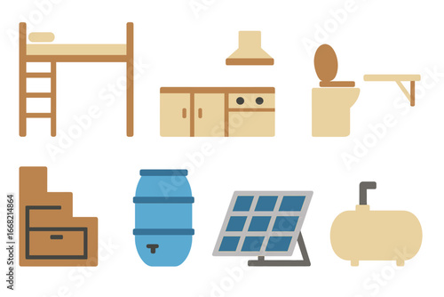 Collection of flat design icons representing household items and utilities including a bunk bed, kitchen cabinets, toilet, solar panel, water tank, and storage unit