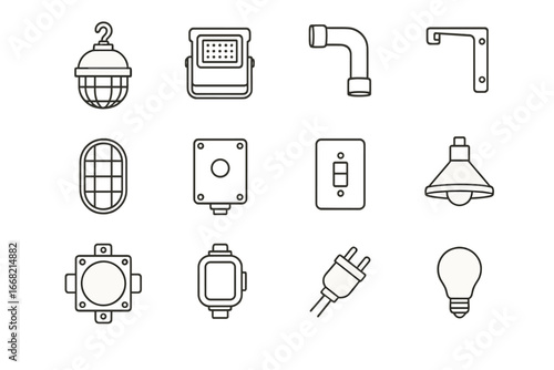 Hazardous Area Icons. Outline icon set of hazardous area lighting: explosion-proof lamp, LED fixture, wiring