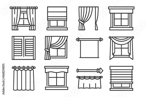 Window Styling Icons. Outline icon set of dining room window styling: sheer curtain, roman shade, tieback loop
