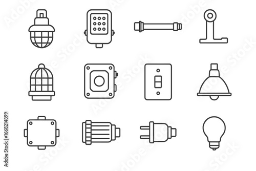 Hazardous Area Icons. Outline icon set of hazardous area lighting: explosion-proof lamp, LED fixture, wiring