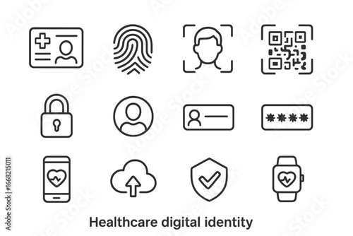 Healthcare Digital Icons. Outline icon set of healthcare digital identity: medical ID card, fingerprint, face