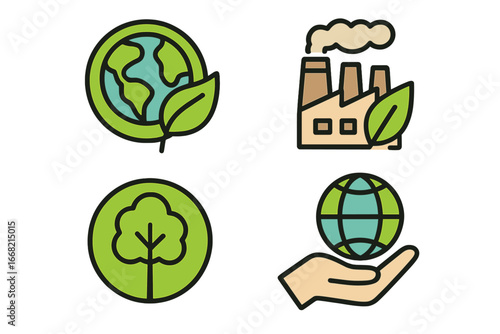 Environmental protection and industry icons with leaves and planet Earth symbols