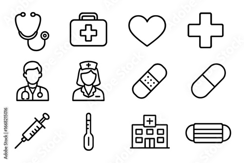 Healthcare Icon Set. Outline icon set of healthcare volunteering: stethoscope, first aid kit, heart, cross