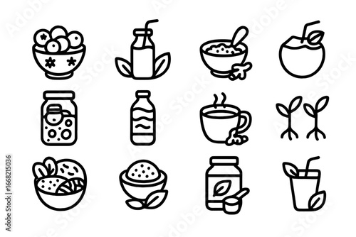 Healthy Eating Icons. Outline icon set of healthy eating trends: superfoods, detox juices, chia seeds, coconut
