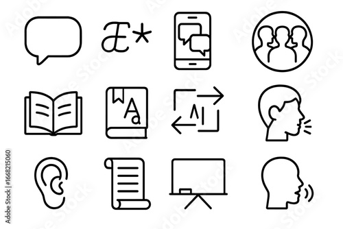 Native Language Icon Set. Outline icon set of native languages: speech bubble, phonetic symbols, language app,