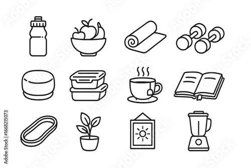 Healthy Home Essentials. Outline icon set of healthy lifestyle at home: water bottle, fruit bowl, yoga mat,