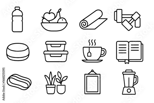 Healthy Home Essentials. Outline icon set of healthy lifestyle at home: water bottle, fruit bowl, yoga mat,