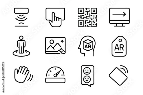 Interactive Display Icons. Outline icon set of interactive display features: motion sensor, touchscreen panel,