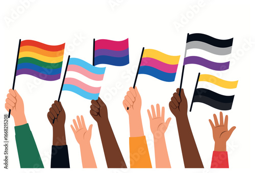 Inclusive celebration vector: hands holding diverse pride flags for lgbtq+ awareness
