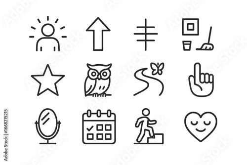 Self-Improvement Icon Set. Outline icon set of becoming your best self: glowing figure, upward arrow,