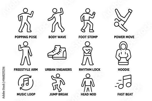 Hip-Hop Dance Icons. Outline icon set of hip-hop dance for fitness: popping pose, body wave, foot stomp, power
