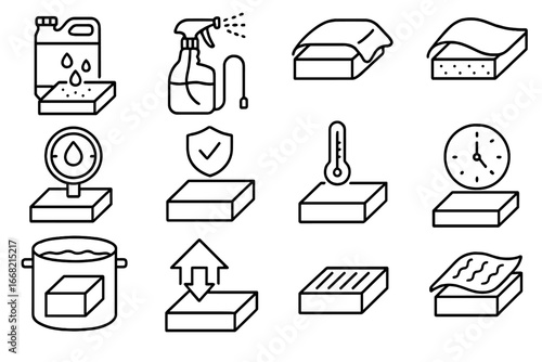 Concrete Curing Icons. Outline icon set of concrete curing process: curing compound, water sprayer, curing