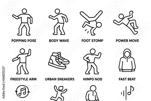 Hip-Hop Dance Icons. Outline icon set of hip-hop dance for fitness: popping pose, body wave, foot stomp, power