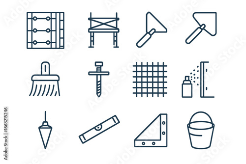 Concrete Work Icon Set. Outline icon set of vertical concrete work: wall form, scaffold platform, corner