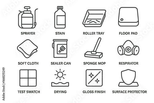 Concrete Staining Icons. Outline icon set of concrete staining and sealing: sprayer, stain bottle, roller tray