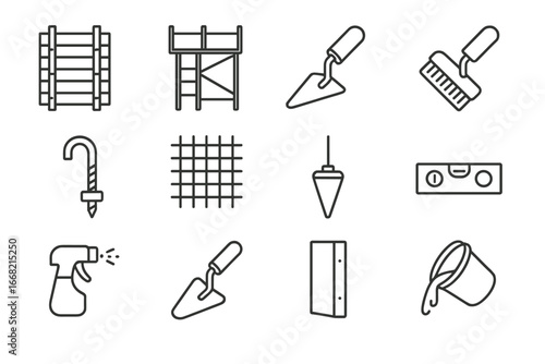 Concrete Work Icon Set. Outline icon set of vertical concrete work: wall form, scaffold platform, corner