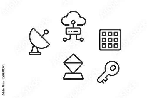 Technology and security icons: satellite, cloud server, grid, envelope, key