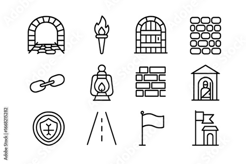 Historical Tunnel Icon Set. Outline icon set of historical tunnel entrance: stone arch, torch, wooden door,