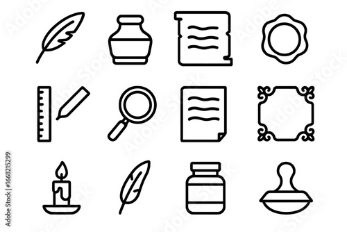 Historical Icon Set. Outline icon set of historical document reproduction: quill pen, ink pot, parchment sheet