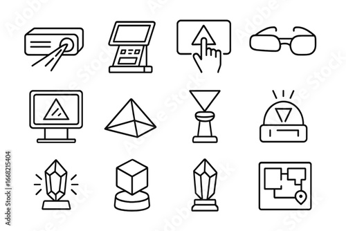 Holographic Technology Icons. Outline icon set of holographic gallery technology: laser projector, control