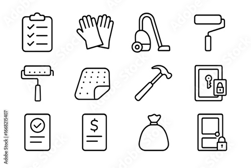 Apartment Move-Out Icons. Outline icon set of apartment move-out: checklist, cleaning gloves, vacuum cleaner,