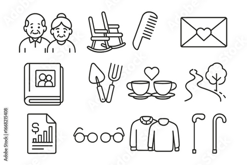 Growing Old Icon Set. Outline icon set of growing old together: elderly couple, rocking chairs, grey hair comb