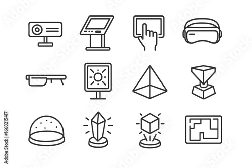 Holographic Technology Icons. Outline icon set of holographic gallery technology: laser projector, control