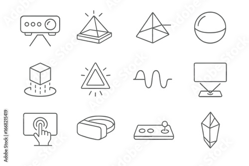 Holographic Tool Icons. Outline icon set of holographic projection tools: laser projector, hologram pyramid,
