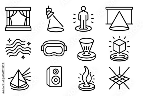 Holographic Icon Set. Outline icon set of holographic performance spaces: stage, spotlight, hologram figure,