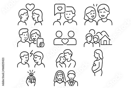 Relationship Timeline Icons. Outline icon set of relationship timeline: meet cute, first message, first laugh,