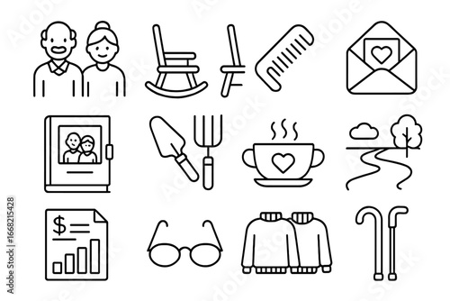 Growing Old Icon Set. Outline icon set of growing old together: elderly couple, rocking chairs, grey hair comb