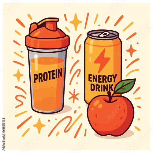 Nutrition vector: protein shaker, energy drink, and apple in a vibrant healthy living concept