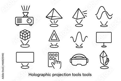 Holographic Tool Icons. Outline icon set of holographic projection tools: laser projector, hologram pyramid,