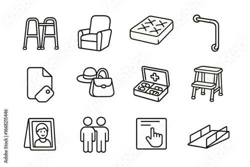 Senior Relocation Icons. Outline icon set of senior relocation: walker icon, lift chair, comfort mattress,