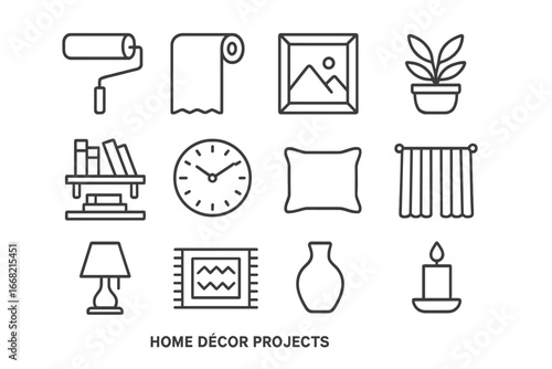 Home Décor Icons Grid. Outline icon set of home décor projects: paint roller, wallpaper, picture frame, potted