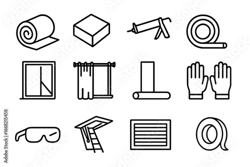 Home Insulation Icons. Outline icon set of home insulation: insulation roll, foam board, caulking gun,