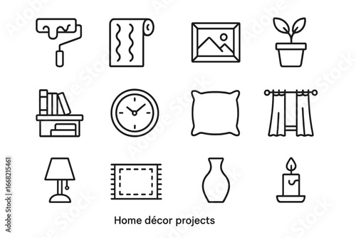 Home Décor Icons Grid. Outline icon set of home décor projects: paint roller, wallpaper, picture frame, potted